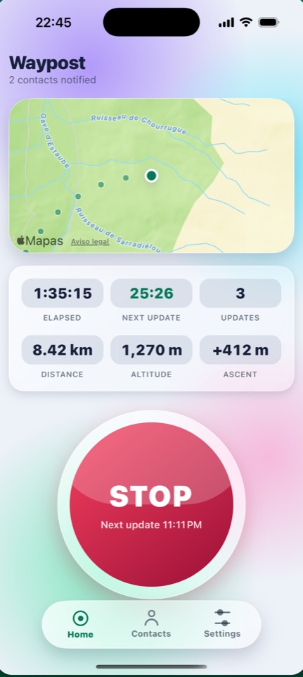 The Waypost app tracking a walk: a map, elapsed time, distance and a big STOP button.